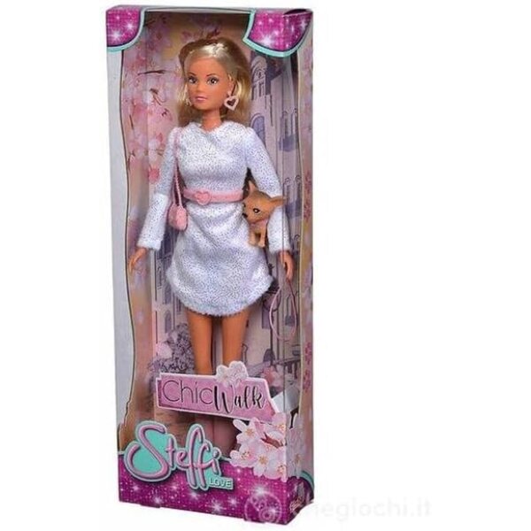Steffi Love Chic Walk: Κούκλα 29 εκατοστών με μοδάτο φόρεμα, αξεσουάρ και σκύλο