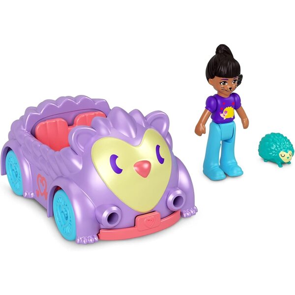 Polly Pocket-Puppe mit blauem und violettem Tierfahrzeug, kreatives Spiel für Kinder