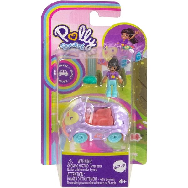 Polly Pocket-Puppe mit blauem und violettem Tierfahrzeug, kreatives Spiel für Kinder