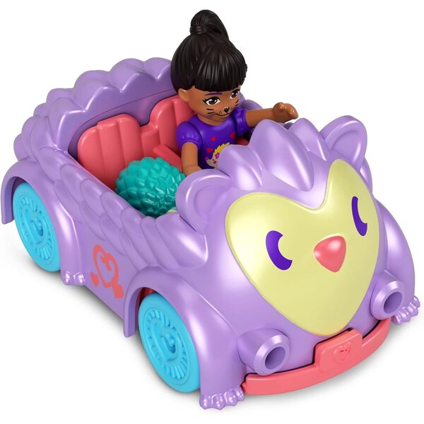 Polly Pocket-Puppe mit blauem und violettem Tierfahrzeug, kreatives Spiel für Kinder