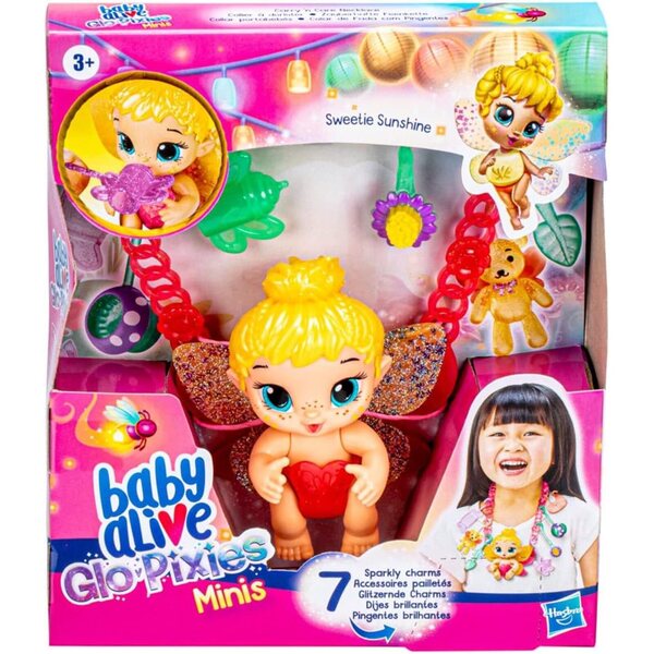 Baby Alive Glo Pixies Minis Carry 'n Care Halskette: 10 cm große Puppe mit Glitzerzubehör