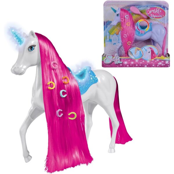 Steffi Love Sparkle Unicorn: Unicorno luminoso con sella e accessori per bambole 29 cm