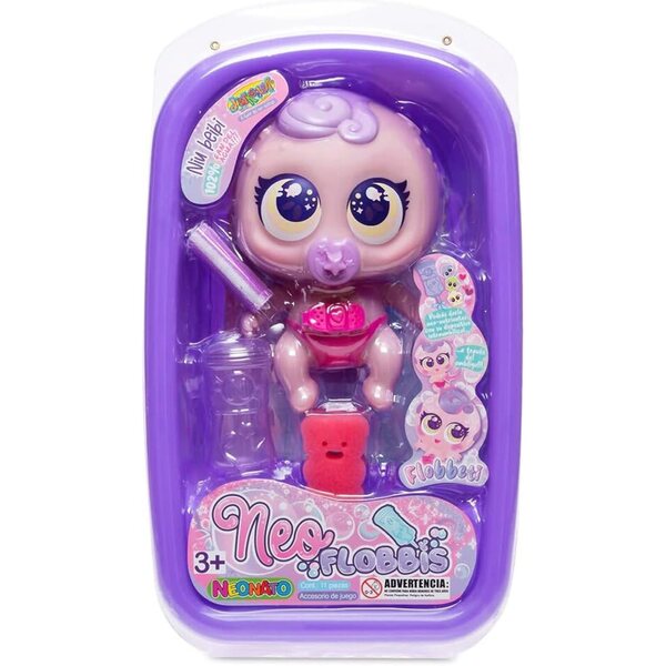 BANDAI Rosa Neoflobbi Flobbeti Puppe mit Badewanne und Handtuch – Pflege und Ernährung Neo
