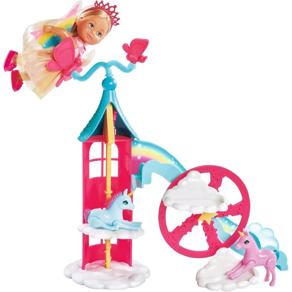 Simba Puppe Evi Love Fairy World mit Turm, Einhörnern und magischem Zubehör für Kinder