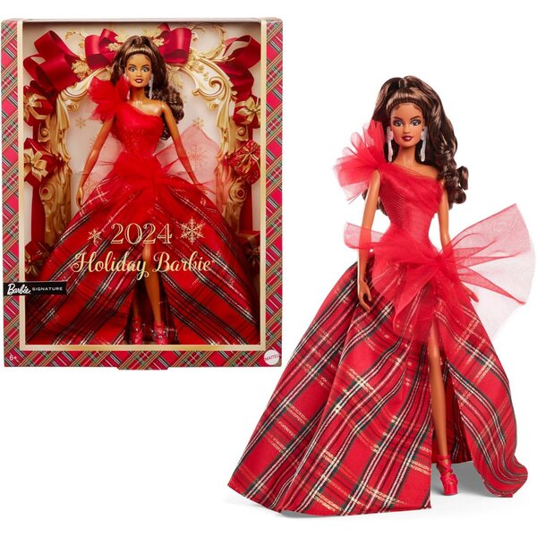 Barbie Holiday 2024 mit festlichem roten Kleid und kariertem Rock zum Sammeln