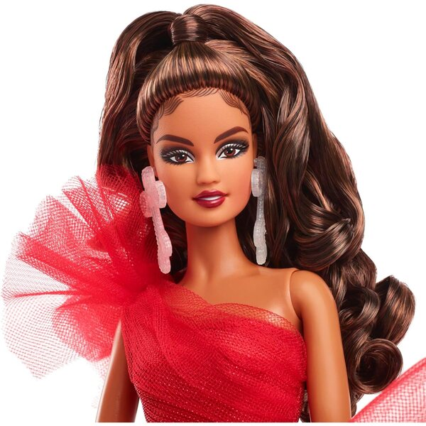 Barbie Holiday 2024 con abito rosso festivo e gonna scozzese da collezione