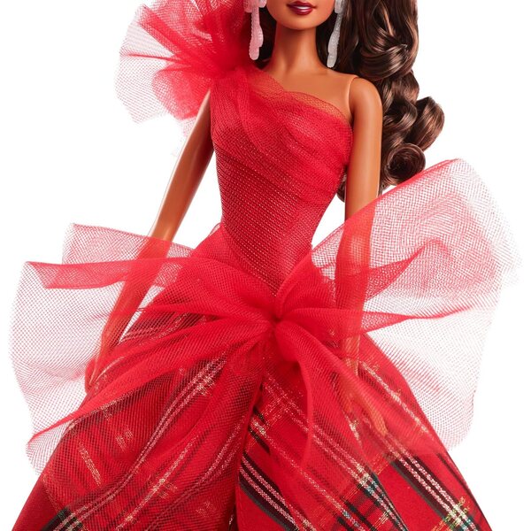 Barbie Holiday 2024 con abito rosso festivo e gonna scozzese da collezione