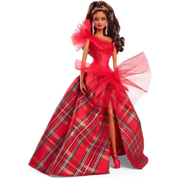 Barbie Holiday 2024 con abito rosso festivo e gonna scozzese da collezione