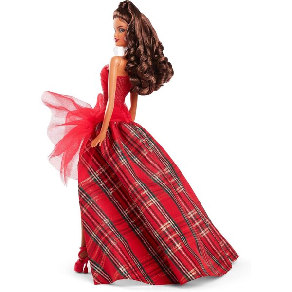 Barbie Holiday 2024 con abito rosso festivo e gonna scozzese da collezione