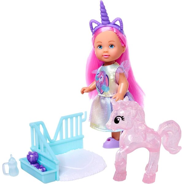 Smoby Evi Love Unicorn bambola 12 cm con unicorno, stalla, abito e accessori, 3+ anni