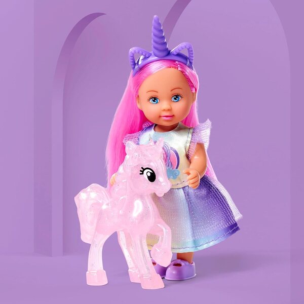 Smoby Evi Love Unicorn bambola 12 cm con unicorno, stalla, abito e accessori, 3+ anni