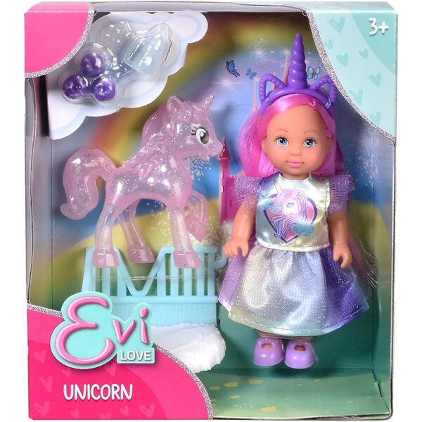 Smoby Evi Love Unicorn bambola 12 cm con unicorno, stalla, abito e accessori, 3+ anni