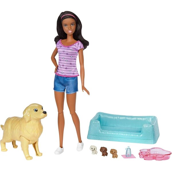 Schwangere Barbie mit 3 Welpen, Geburts- und Welpenpflegespiel, afroamerikanische Mutter