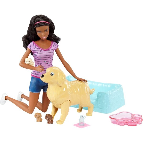 Schwangere Barbie mit 3 Welpen, Geburts- und Welpenpflegespiel, afroamerikanische Mutter