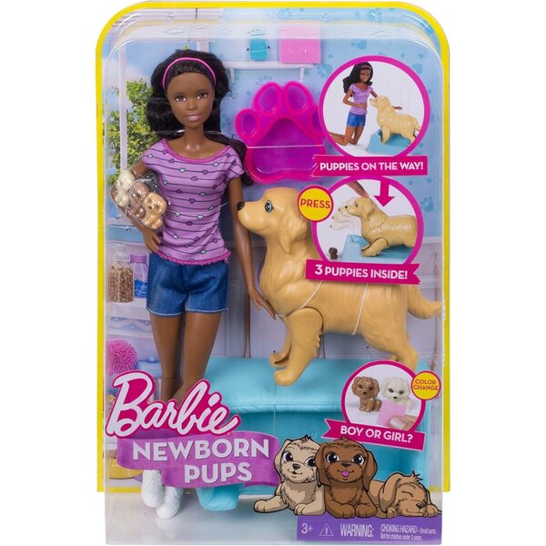 Schwangere Barbie mit 3 Welpen, Geburts- und Welpenpflegespiel, afroamerikanische Mutter