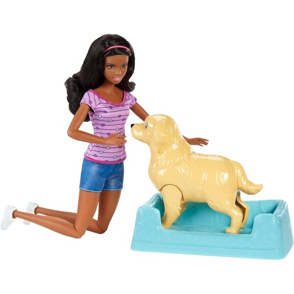 Schwangere Barbie mit 3 Welpen, Geburts- und Welpenpflegespiel, afroamerikanische Mutter