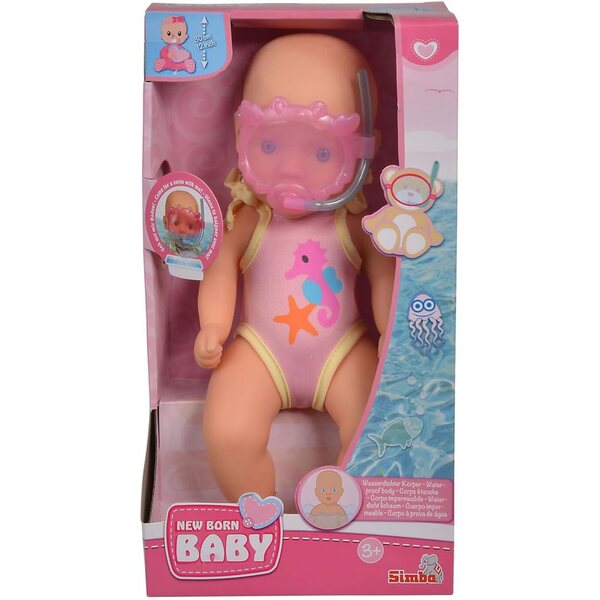 Bambola da Bagno Simba New Born Baby 30 cm con Occhialini e Costume Mare