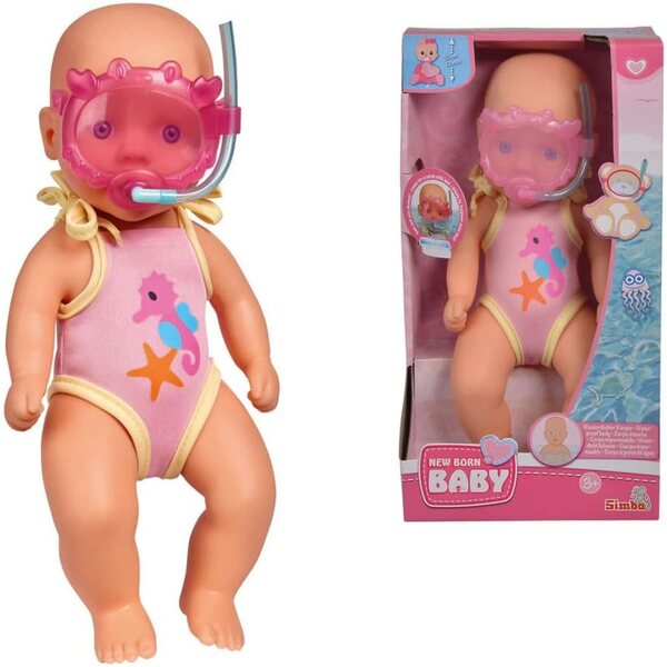 Bambola da Bagno Simba New Born Baby 30 cm con Occhialini e Costume Mare