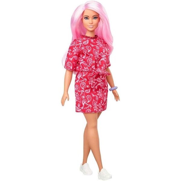 Barbie Fashionistas mit rosa Haaren, rotem Top und Rock, Turnschuhen und Armband, ab 3 Jahren