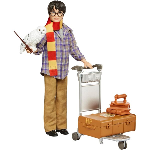 Harry Potter-Gliederungsfigur mit Reisekleidung, Hedwig-Eule und Sammlerzubehör