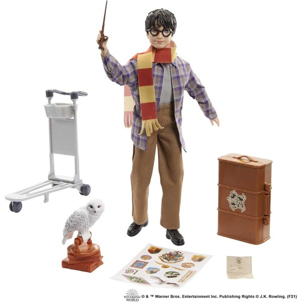 Harry Potter-Gliederungsfigur mit Reisekleidung, Hedwig-Eule und Sammlerzubehör