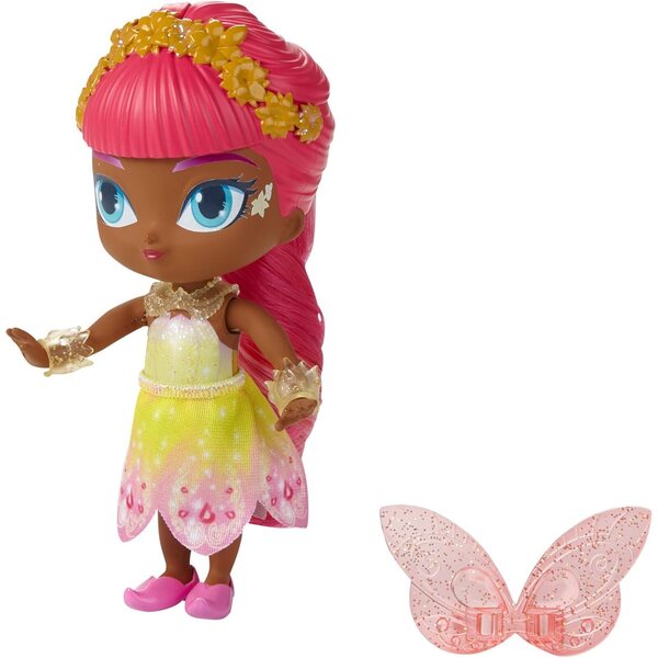 Bambola Minu Shimmer e Shine, fata dei fiori con ali e pettine arcobaleno 15 cm