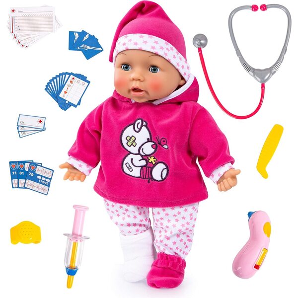 Doctor Baby Bayer Design Puppe 38 cm – interaktiv mit medizinischem Zubehör, sprechend und weich