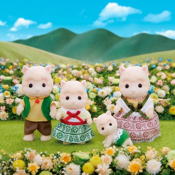 Sylvanian Families Alpaka-Familie 4 beflockte Charaktere mit handgefertigter Kleidung
