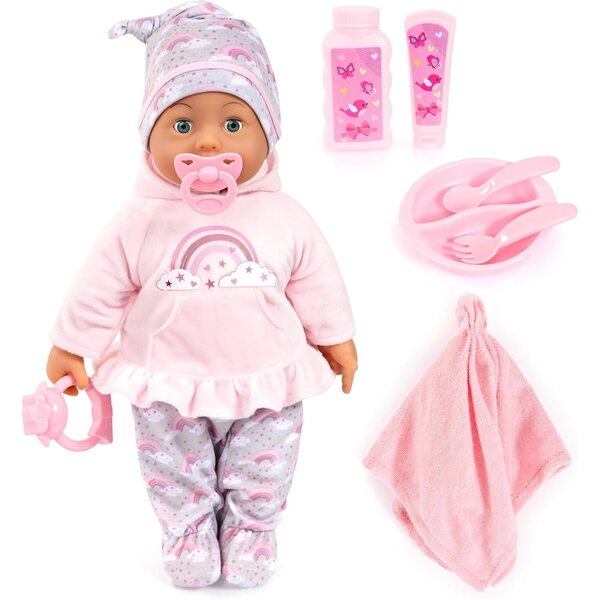 Bambola interattiva 46 cm Bayer Design con suoni e accessori per coccole e gioco