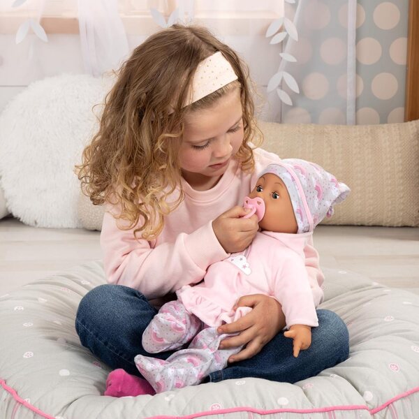 Bambola interattiva 46 cm Bayer Design con suoni e accessori per coccole e gioco
