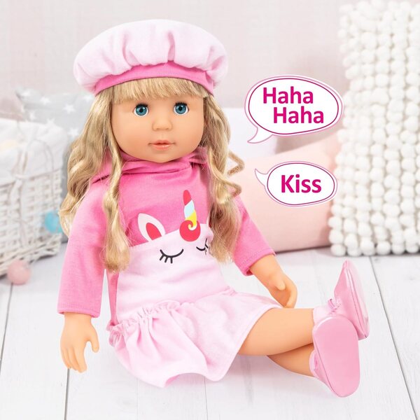 Bayer Charlene Interactive 46 cm mit 90 Sätzen und 8 Liedern, rosa Einhornpuppe