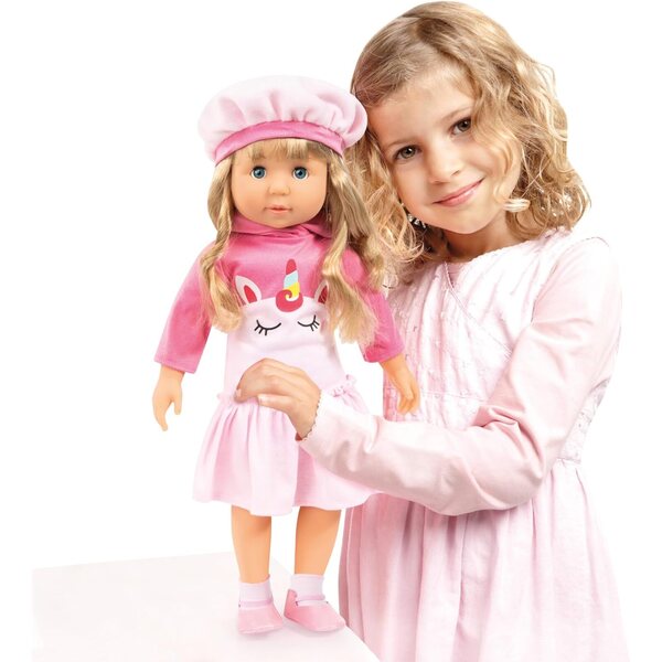 Bayer Charlene Interactive 46 cm mit 90 Sätzen und 8 Liedern, rosa Einhornpuppe