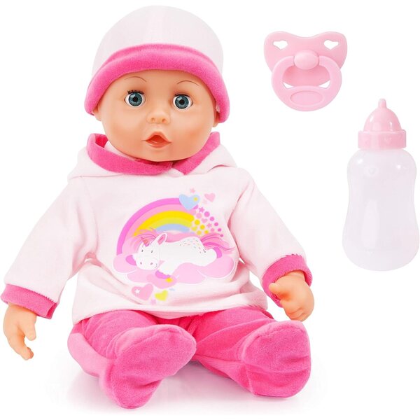 Bayer Design First Words Baby sprechende Puppe 38 cm Rosa Einhorn mit 24 Geräuschen