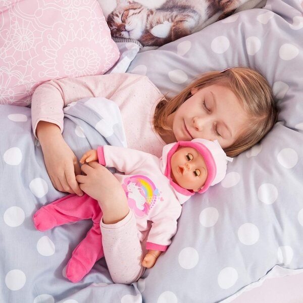 Bayer Design First Words Baby sprechende Puppe 38 cm Rosa Einhorn mit 24 Geräuschen