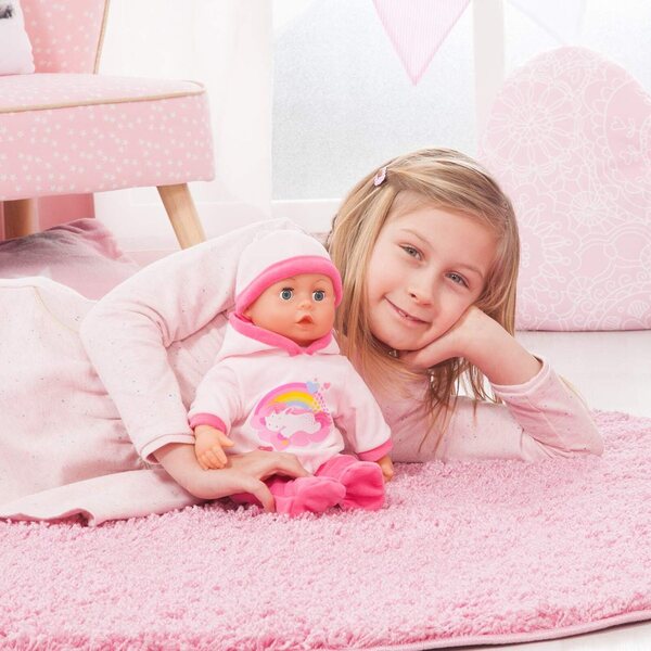 Bayer Design First Words Baby sprechende Puppe 38 cm Rosa Einhorn mit 24 Geräuschen