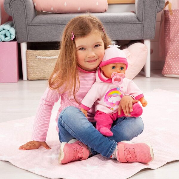 Bayer Design First Words Baby sprechende Puppe 38 cm Rosa Einhorn mit 24 Geräuschen