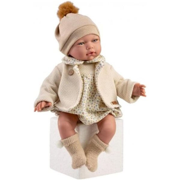 Cris-Puppe mit Blumenstrampler und beiger Wolljacke
