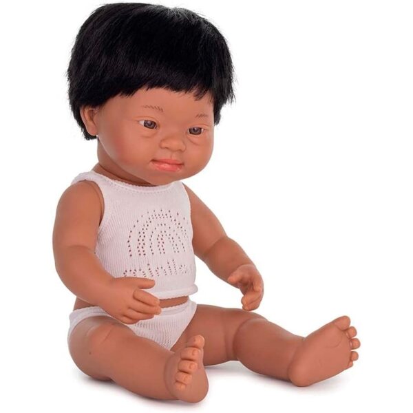 Miniland Baby Latino 38 cm Puppe mit Down-Syndrom aus handgefertigtem weichem Vinyl