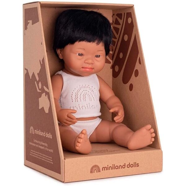 Miniland Baby Latino 38 cm Puppe mit Down-Syndrom aus handgefertigtem weichem Vinyl