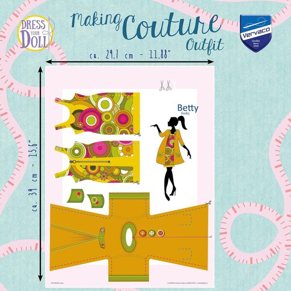 Kit cucito Vervaco Betty Funky Dress per bambole 29-30 cm, facile e creativo