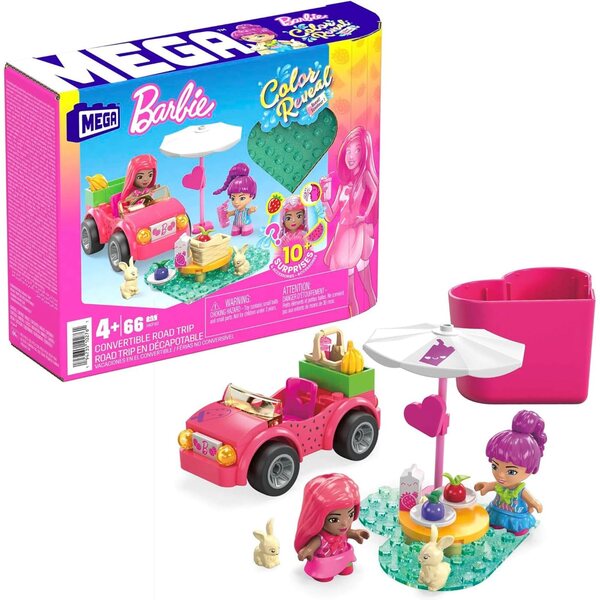MEGA Barbie Color Reveal Cabrio mit Minipuppen und über 10 kreativen Überraschungen