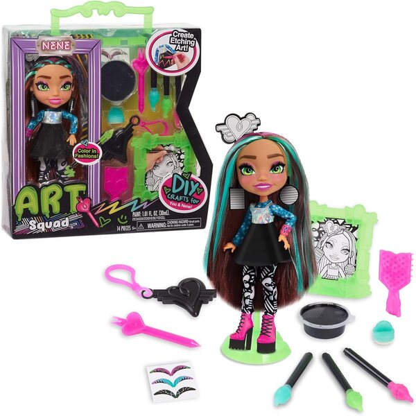 Bambola Just Play Art Squad Nene 10’’ con kit d’arte e moda neon per bambini creativi