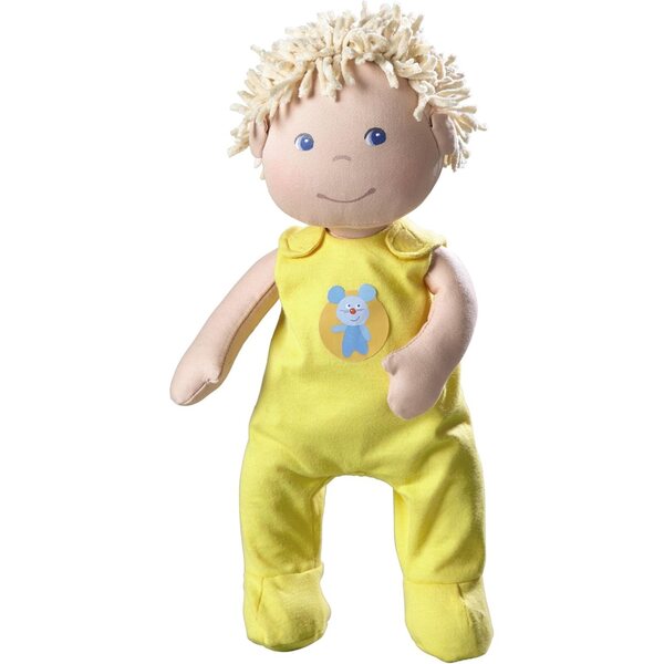 Haba Baby Doll Fritzi: Bambola morbida con vestiti in cotone, 33 cm, corpo imbottito