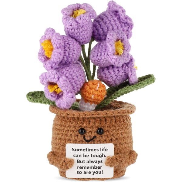 Positive Häkelblume aus mehrfarbiger Wolle mit dekorativer Vase 15x9x5 cm