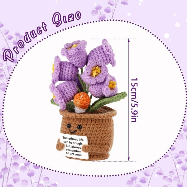 Positive Häkelblume aus mehrfarbiger Wolle mit dekorativer Vase 15x9x5 cm