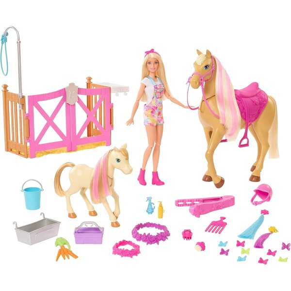 Barbie Ranch Spielset mit Puppe, 2 Pferden und über 20 Zubehörteilen für Kinder ab 3 Jahren