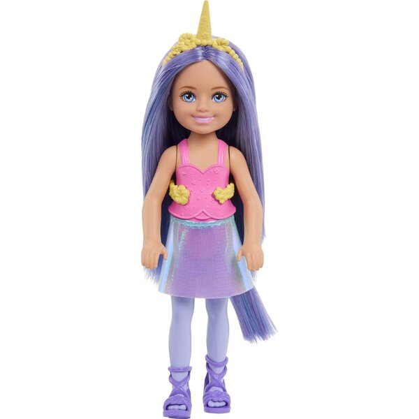 Barbie Chelsea Einhorn 6-Zoll-Puppe mit lila Haaren, abnehmbarem Schwanz und Zubehör