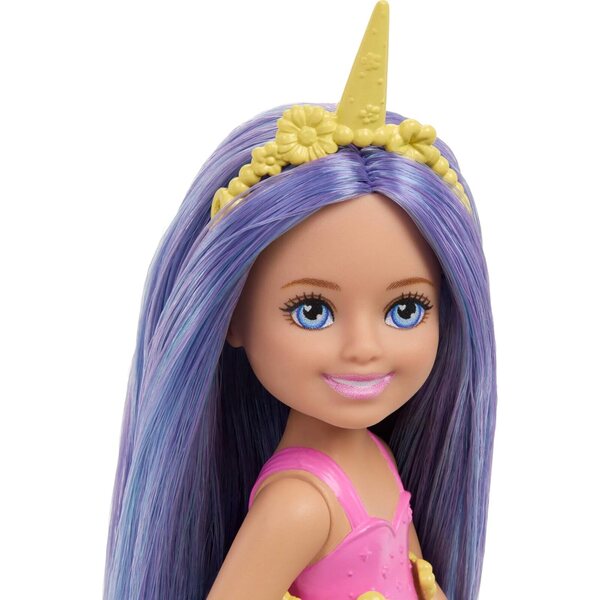 Barbie Chelsea Einhorn 6-Zoll-Puppe mit lila Haaren, abnehmbarem Schwanz und Zubehör