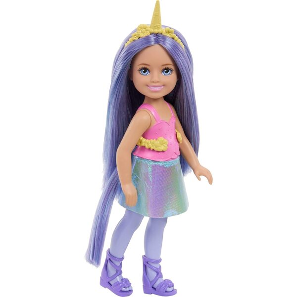 Barbie Chelsea Einhorn 6-Zoll-Puppe mit lila Haaren, abnehmbarem Schwanz und Zubehör