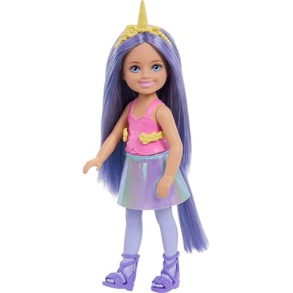 Barbie Chelsea Einhorn 6-Zoll-Puppe mit lila Haaren, abnehmbarem Schwanz und Zubehör